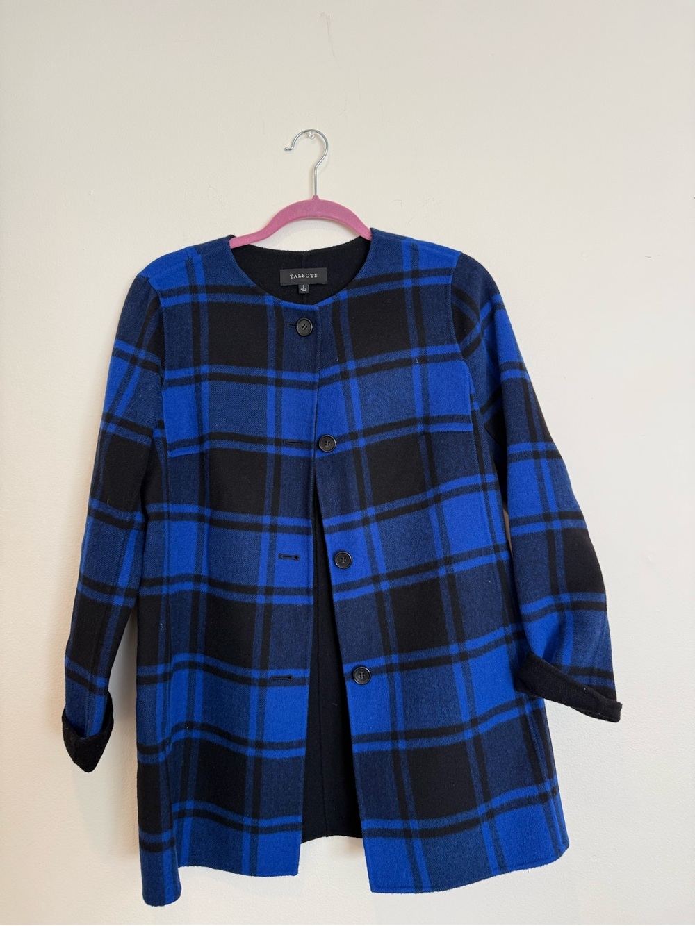 Talbots Small Royal Blue and Black Plaid Pea Coat - like new